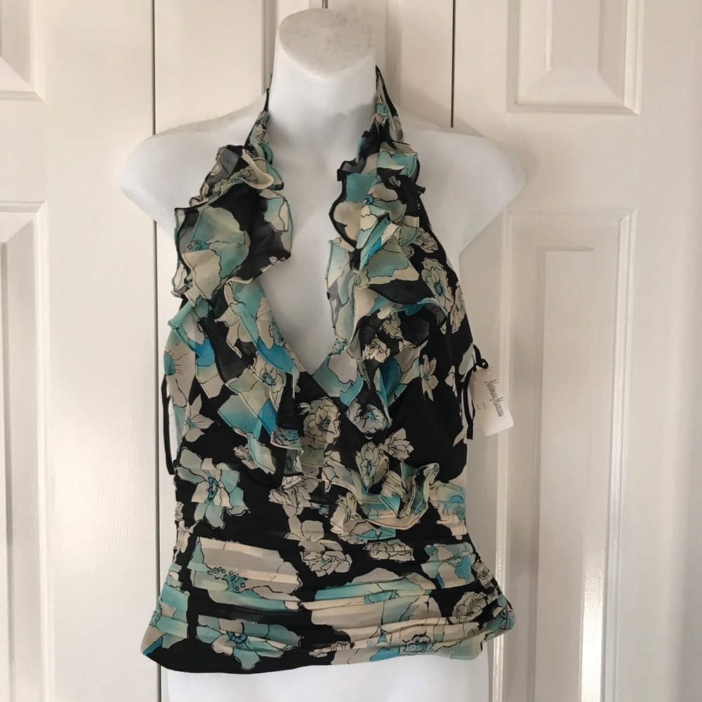 New Kay Unger Silk HalterTop. White, Black, Aqua
